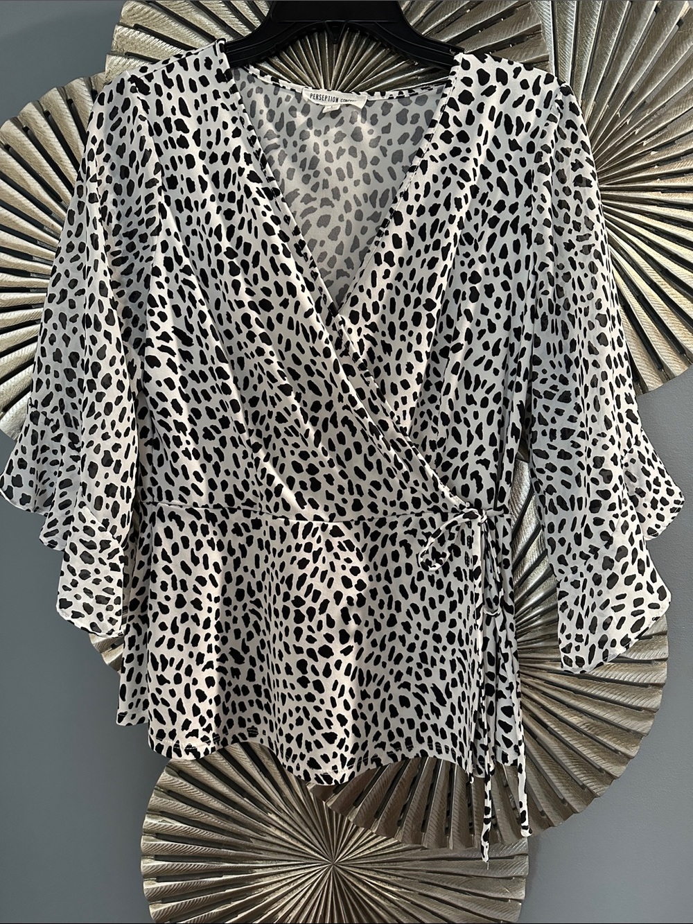 Perseption Black and White Wrap Blouse with Flutter Sleeves